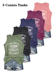 Women's Letter Print Round Neck Tank Top, Casual Sleeveless Top for Summer, Ladies Clothes for Daily Wear