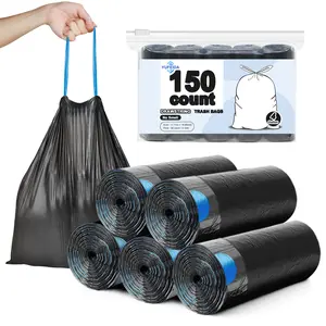 YUFEIDA 150/300 Pack 4-Gallon Trash Bags with Drawstring, Black, Small Trash Bags, Unscented, Waterproof Disposable Trash Bags for Bathroom, Toilet, Office, Bedroom, Pet Waste Bags, Drawstring, Tear-Resistant Trash Bags, Household Supplies