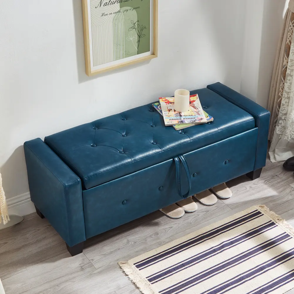 48" Ottoman Bench with Storage, Bench for Bedroom,Living Room,Hallway, Upholstered Tufted Faux Leather PU Ottoman Blue