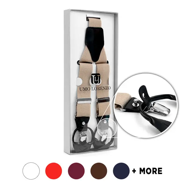 Men's Elastic Suspenders - Leather Straps Trim, Boxed Convertible Traditional Button Straps, Clip-On Fastener, Tight Fit, Extendable Design, Elastic Straps
