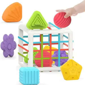 Baby Shape Sorter Toy - Colorful Sensory Cube with Elastic Bands & 6 Textured Shapes, Montessori Educational Toy, Preschool Learning Tool for Toddlers to Learn Colors, Shapes & Develop Fine Motor Skills, BPA-Free Silicone Safe for Babies 12M+