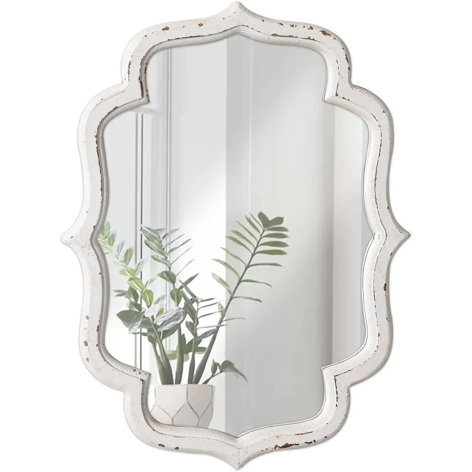 Vintage Small Scalloped Geometric Glass Wall Mirror - 16x12 in Distressed Frame Quatrefoil Pane, Distressed White Wood, Elegant Light Rustic Charm for Bathroom Vanity, Halloween Christmas Hanging Wall-Mount Home Decor