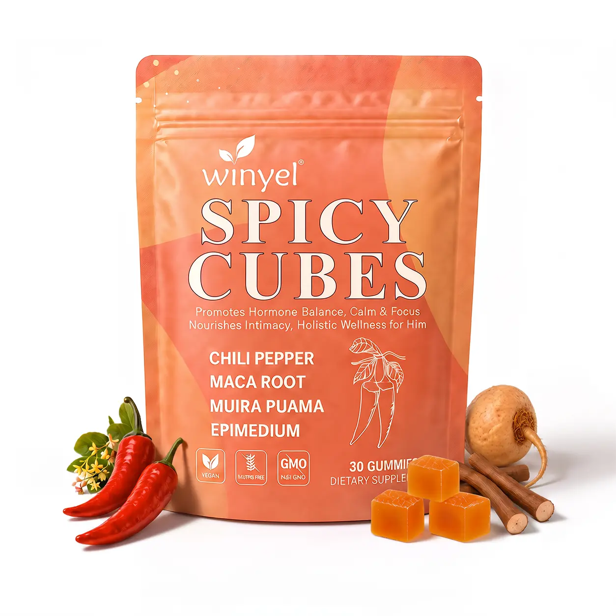 Spicy Cubes Intimacy Wellness Gummies | Peach Flavor with Chili Pepper, Maca Root, Muira Puama & Epimedium | 30-Count SummerVibes Intimacy Wellness Supplement
