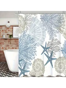 1pc Nautical Coastal Waterproof Fabric Shower Curtain Starfish Seashell Coral Beach Themed Bath Curtain Ocean Shower Curtains For Bathroom With 12 Hooks, Blue Bathroom Decor, Installation, Polyester