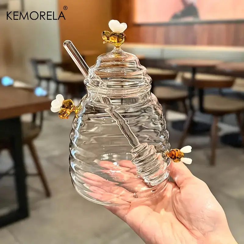 Elegant Bee Theme Honey Jar with Integrated Scoop, High Borosilicate Glass Clear Container, Sealed Lid, Heat Resistant, Kitchen Decor Gift, Decorative Glass Jar, Glass Kitchen Canisters, Glass Storage Container
