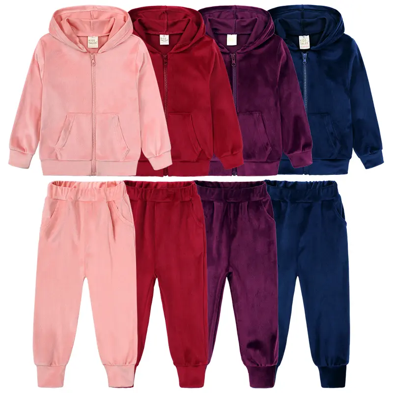 Kids' Velvet 2-Piece Hoodie Pants Set, Solid Plain Long Sleeve Athletic Sportswear, Loose-Fit Sporty Chic Tracksuit for Boys, Machine Washable Velvet Polyester, 6-7Y (130)