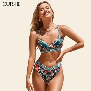 CUPSHE TikTokShopSpringGlowUp 2026 Vintage Paisley Bikini Sets Swimsuit | Triangle Top & Overlap Cheeky Bottoms | Retro Boho Surplice Bathing Suit with Adjustable Straps for Beach Club & Vacay