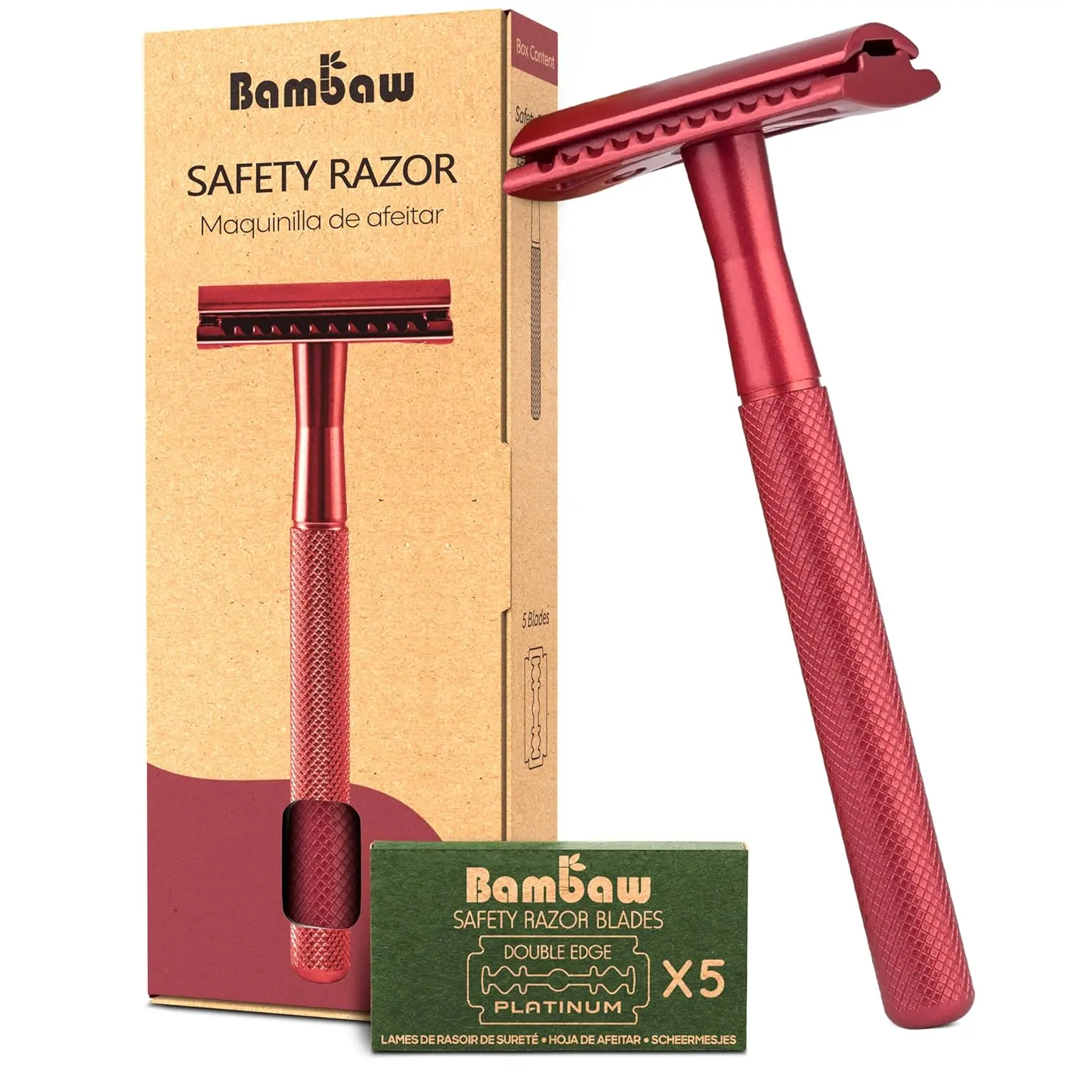 Single Blade Double Edged Safety Razor with 5 Blades, Durable Metal Razor for Men & Women, Reusable & Plastic Free Double Edge Safety Razors for Men – Red