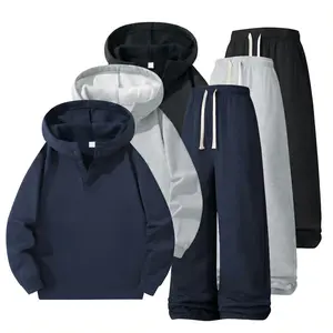 Unisex Fleece-Lined Hoodie & Sweatpants Set Thick Warm Tracksuit in Navy Gray and Black Colors