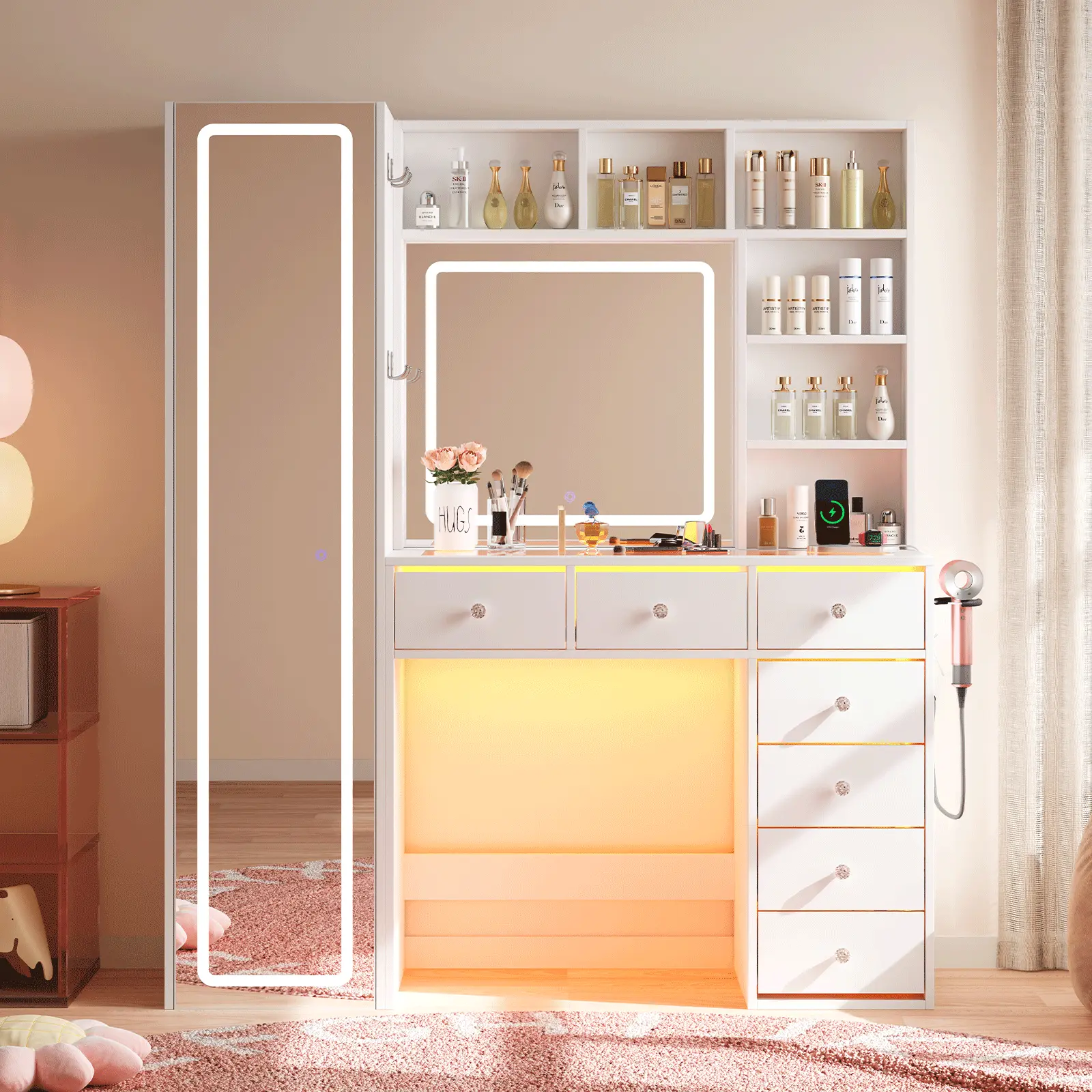 LED Lighted Vanity Desk with Full Length Mirror, Makeup Dresser Table with Storage Drawers & Shelves, Dressing Table for Bedroom
