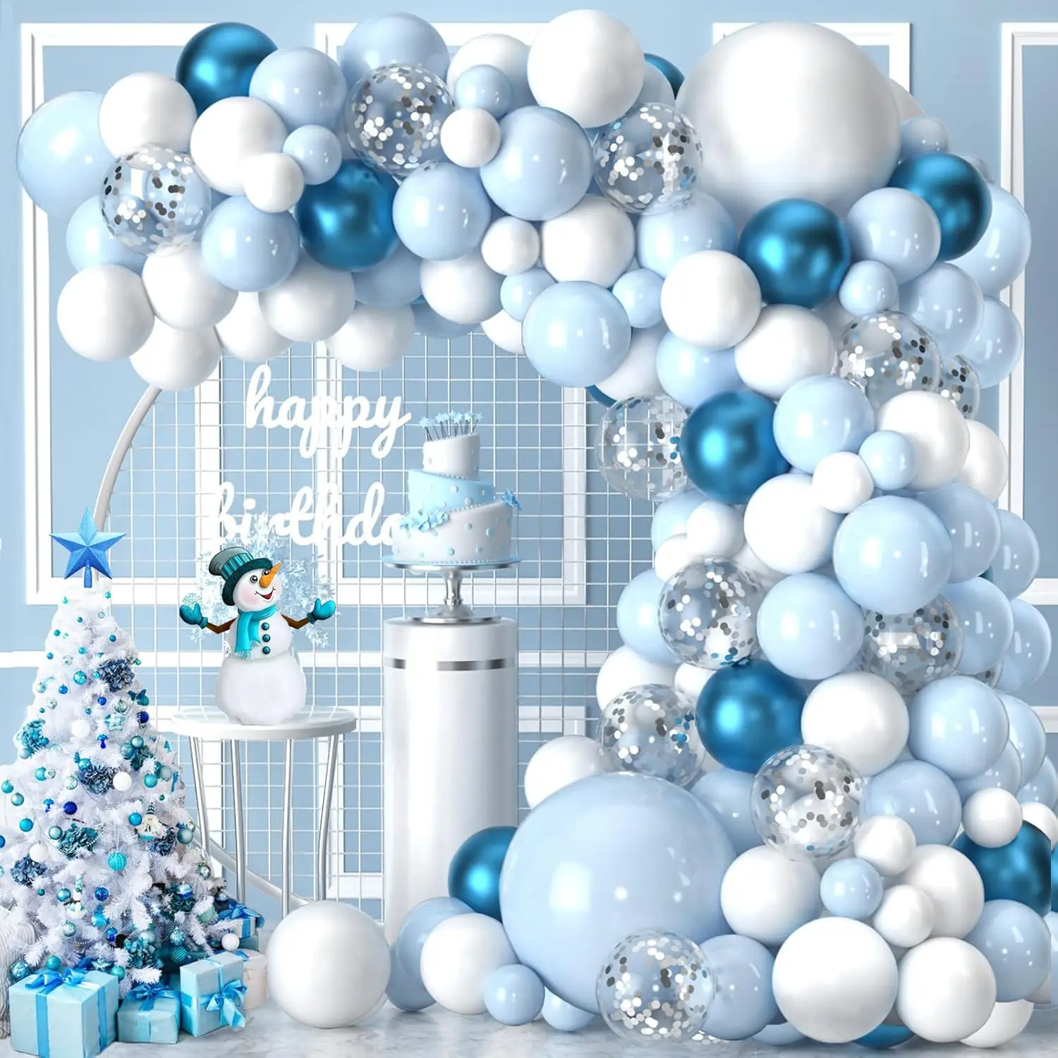 135pcs Multi-Size 18/12/10/5 Inch Baby Blue, White & Metallic Silver Balloon Arch Garland Kit - Photo-Ready Festive Backdrop for Boy's First Birthday, Frozen Themed Birthday Party Decorations