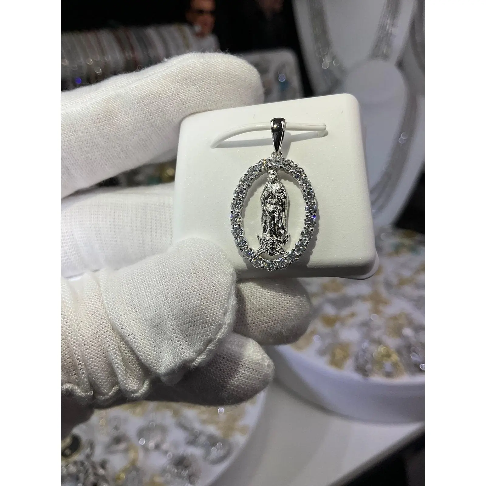 Sterling Silver Moissanite Mother Mary Halo Medallion Pendant, Superior Spiritual Jewelry, Tribute to Virgin Mary Silver Necklaces & Pendants