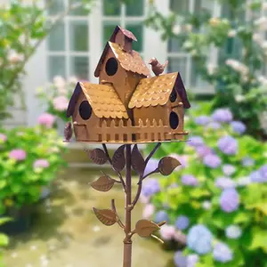 Garden Birdhouse Ground Stake — A Metal Birdhouse with A Standing Pole and Outdoor Support Stand; Featuring An Antiqued Metal Finish, Designed Specifically for Outdoor Garden and Courtyard Decoration, and For Birdhouse Enthusiasts.