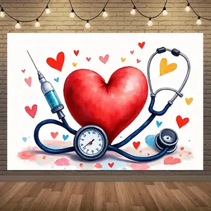 2D Flat Banner, 1pc Happy National Nurses Week Backdrop Banner - Super Large HD Printed Polyester Photography Backdrop with Medical Theme (Stethoscope, Syringe, Heart) & Colorful Hearts - Easy Hanging for Indoor