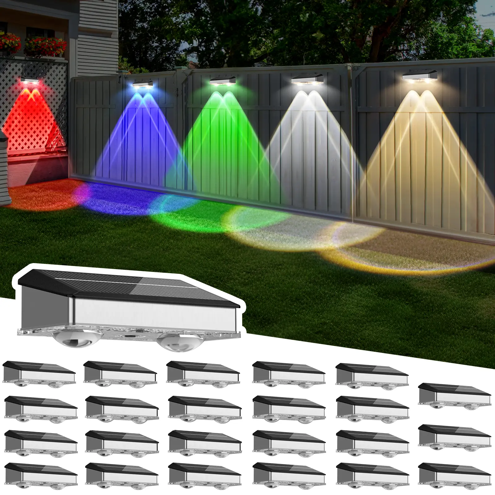 JNOEC Stainless Steel & ABS Solar Fence Lights, 8/16/24pcs IP65 Waterproof High Brightness LED Spot Lens Lights with 6 RGB Color Changing & 8 Fixed Colors (Warm/Cool White) for Backyard Decor, Stair Railing, Solar Garden Lights, Outdoor,summervibes tiktok