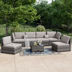 TikTokShopSpringGlowUp Outdoor Wicker Sofa Set Waterproof UV Resistant Garden Leisure Furniture Includes Tempered Glass Coffee Table High Density Sponge Cushions