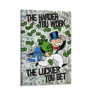 Money Graffiti   Art, Monopoly Inspired Street Pop Art Poster, “The Harder You Work The Luckier You Get” Motivational  Print, Hypebeast  Decor, Modern Urban  Decor for Bedroom Office Gaming  wall canvas