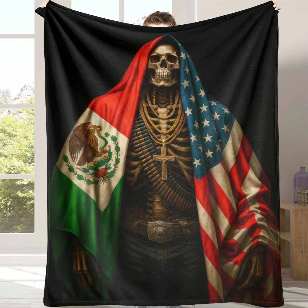 Skeleton Flannel Blanket USA Mexico Flag Print Soft Cozy Warm Lightweight AntiPilling AntiWrinkle Perfect for Sofa Bed Travel Home Decor Memorial Day Gift Patriotic Events