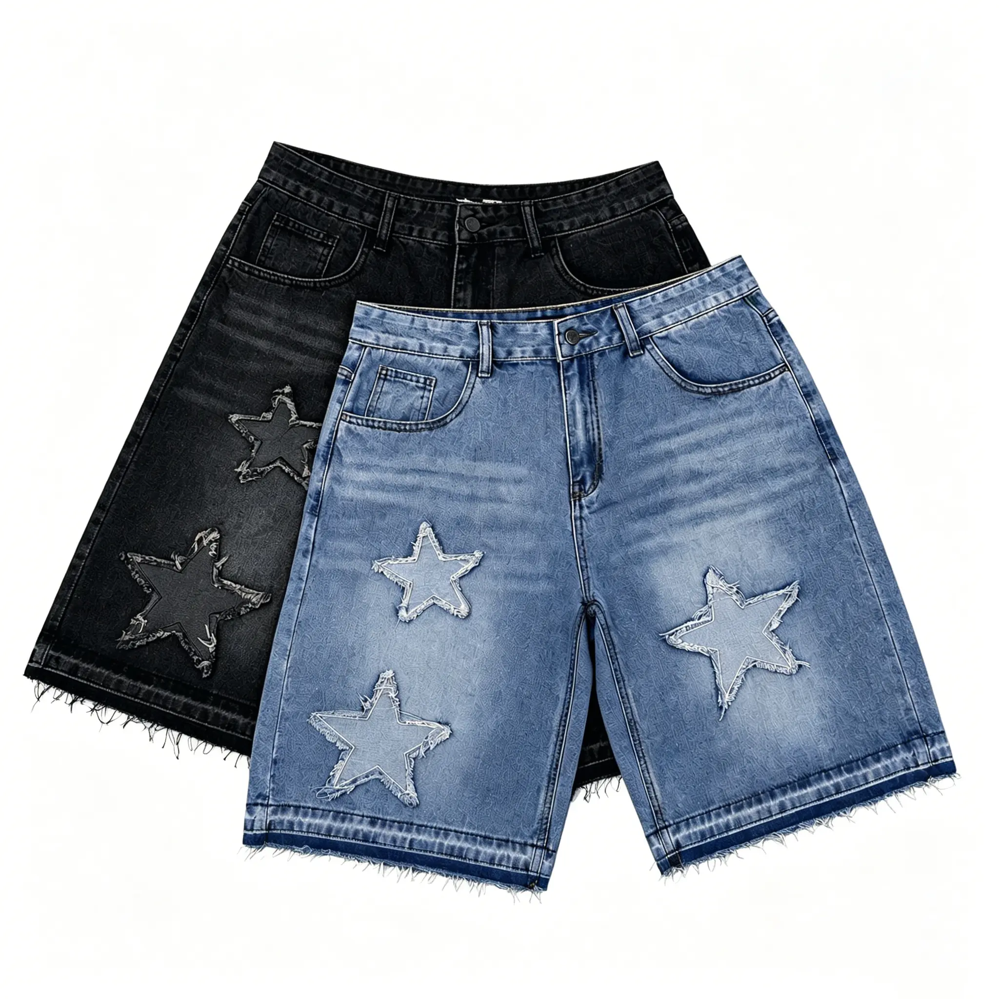 Sopula Studio Menswear Men's Washed-Distressed Star Appliqué Streetwear Denim Jorts, Men's Jorts