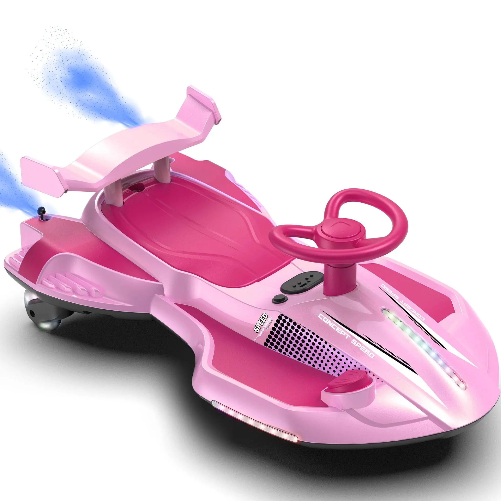 12V Kids Electric Wiggle Ride-On Car for 3-4 Years (Ages 3+), 35W Motor, 3.73–4.35mph Car Speed, 360° Continuous Drifting, Rear Mist Spray, Cool LED Lights, Flashing Rear Wheels, Music, USB, MIC, Power Display, Triangular Anti-Tip Chassis, Cells, Ride On