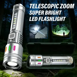 Silver Color Multi-Function Ultra-Bright LED Rechargeable Flashlight, Zoom Adjustable Beam, 5 Lighting Modes, Long Battery Life, Outdoor Camping Repair Home Emergency, Super Bright Flashlight