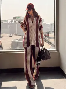 Spring Summer Fashion Hollow Out Colorblock Cardigan Loose Knit Wide Leg Pants Set, Stylish Casual for Women