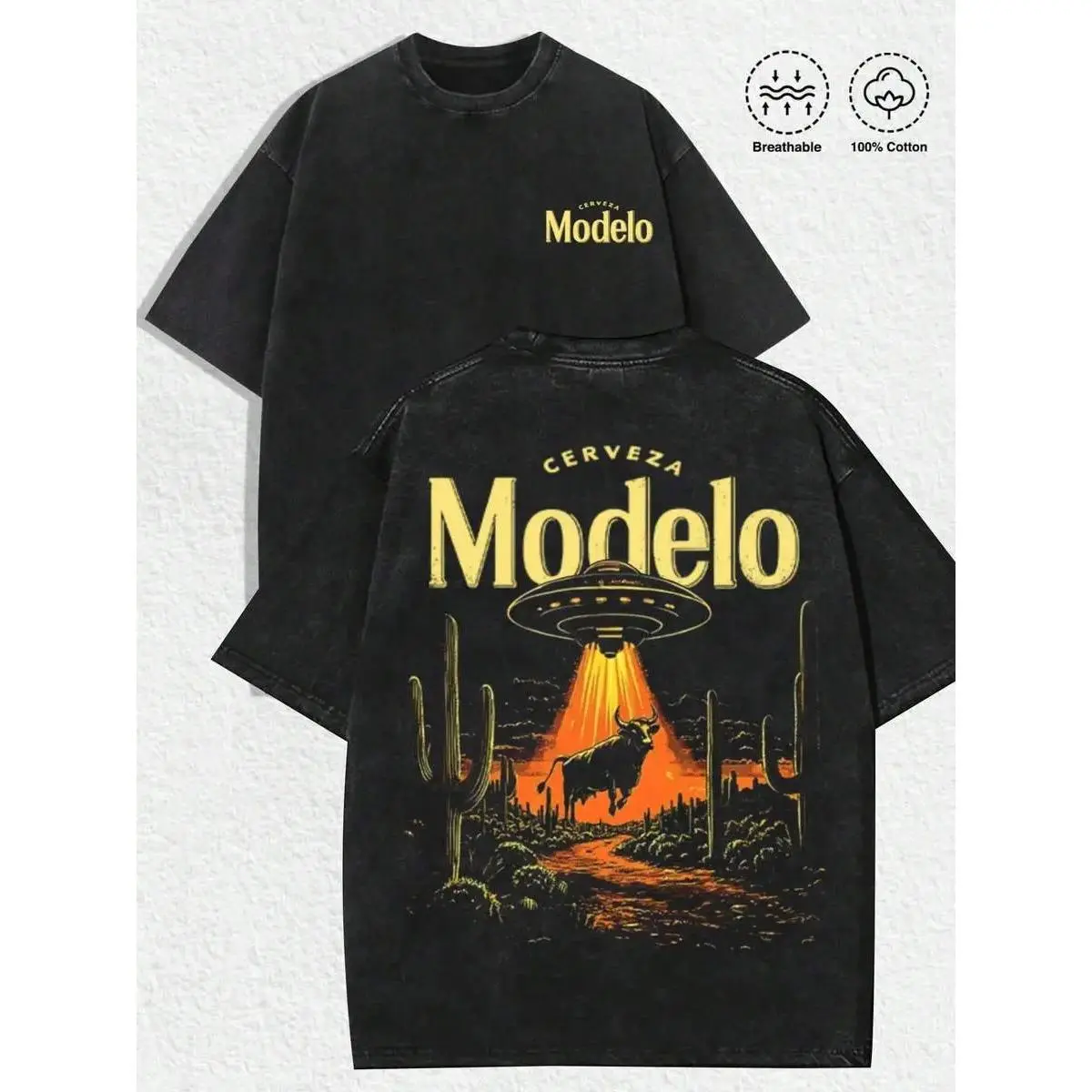 Menswear Stylish Round Neck Vintage Distressed Modelo Cerveza UFO Bull Graphic T-Shirt, Retro Sci-Fi Beer Print Washed Cotton Unisex Streetwear Tee, Casual Top for Party Gatherings & Holiday Gifting