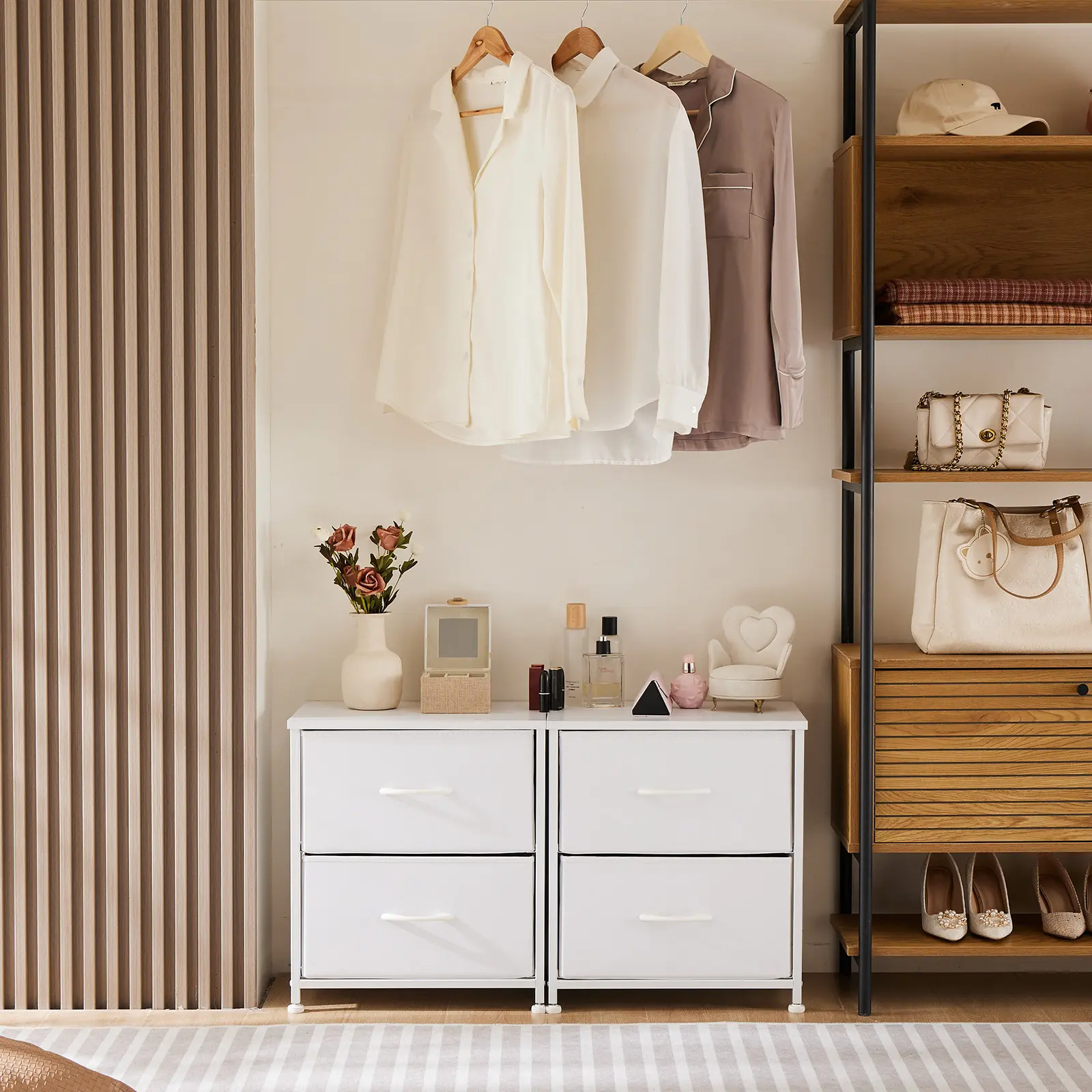4-Color Nightstand w/ 2 Drawers & Fabric Bins | Sold Single or 2-Pack | Small Bedside Table for Bedroom, Dorm, Apartment