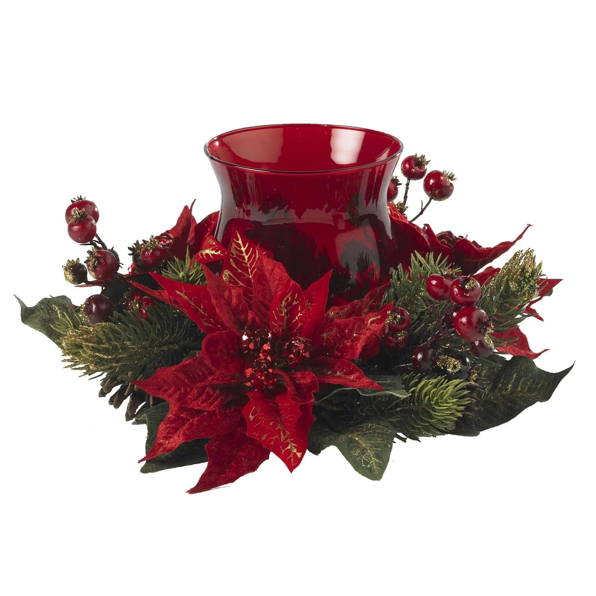 13-Inch Decorative Artificial Flower Bouquet - Colorful Poinsettias & Berries, Festive Christmas Beautiful Red Candleholder for Home Decor Supplies
