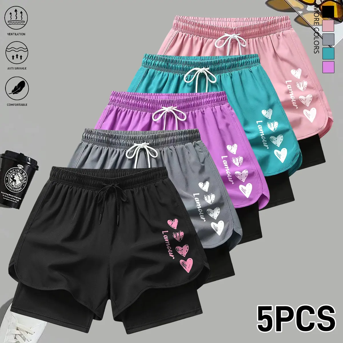 Set of 5 women’s casual fashion shorts featuring drawstring and elastic waistband, adjustable; suitable for outdoor sports, travel/vacations, and home wear—summer women’s shorts.
