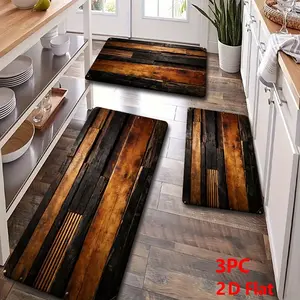 2/3pcs Soft Flannel Rug Kitchen Mat Set, Vintage Dark Wood Board Pattern, Non-Slip Bottom, Absorbent, Rustic Farmhouse Style, Floor Mat