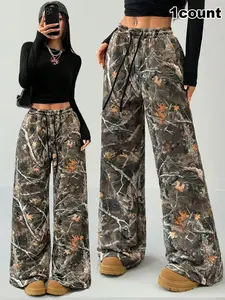 Women's Loose Wide Leg Pants, Casual Drawstring Waist Pocket Design, Spring & Fall Fashion, All-Season Wearable Leopard Print Bottoms