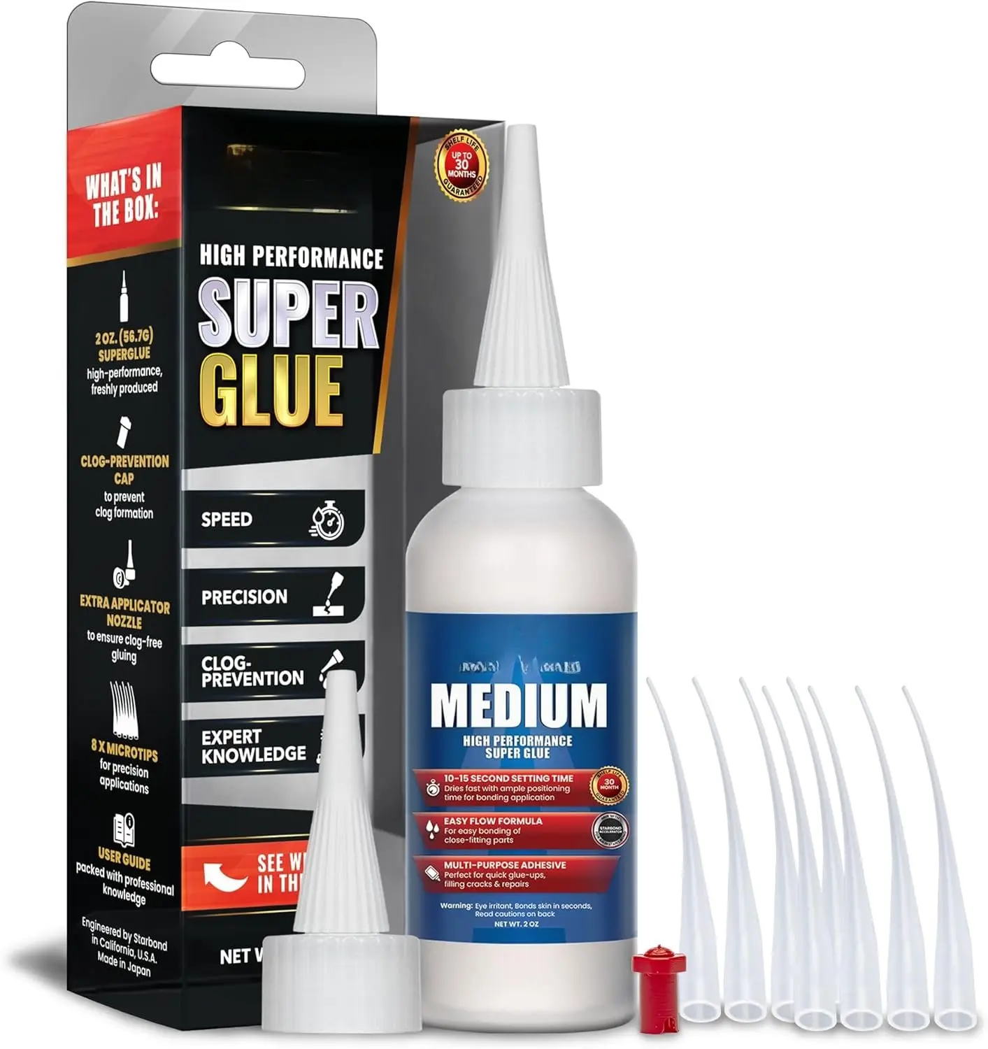 2 oz Medium CA Glue - 2oz Containers with Clog Prevention 1-Pin Cap, Microtips, 10-15 Second Set Time, Quick Fix for Polycarbonate, ABS, Ceramic & Wide Range of Materials