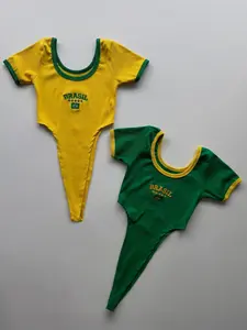 2-Pack Letter Embroidered Thong Bodysuit – Yellow & Green Color Block Short Sleeve Ribbed Bodysuit for Women, Sporty Soccer Fan Aesthetic, Form-Fitting High Cut Design, Soft Stretchy Fabric, Trendy Streetwear Outfit, Game Day Essential for Y2K Fashion Lov