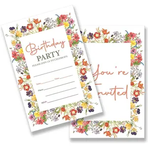 Wildflower Girl Birthday Party Fill in Invitations,  Girl Birthday Party Invites Cards with 20 Envelopes