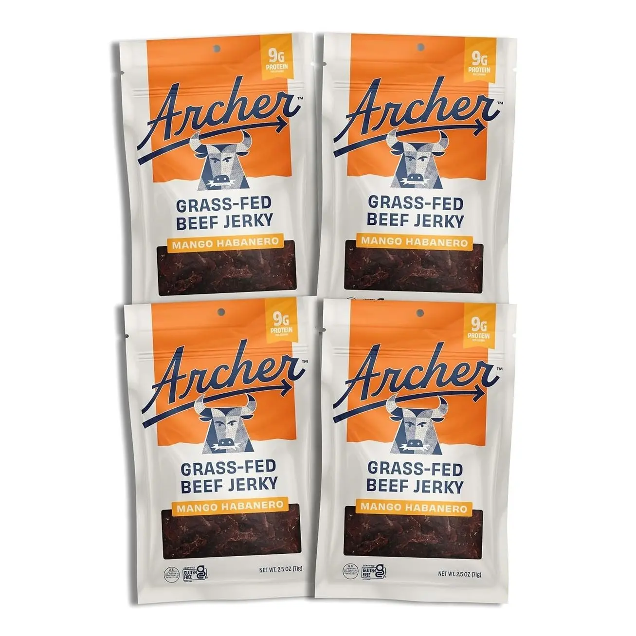 Country Archer Grass-Fed Beef Jerky - Beef Snack Pack Bulk, Individual Bags, Protein Snack, Gluten Free, Paleo - Mango Habanero, 2.5 Oz (4 Pack)