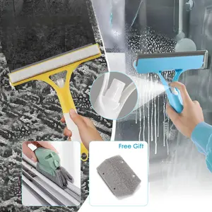 3-in-1 Durable Plastic Window Glass Cleaning Kit - Squeegee, Scrubber Sponge, Silicone Microfiber Wipe, Crack Brush Cloth, Spray Function, Lightweight Portable Household Tool with Soap