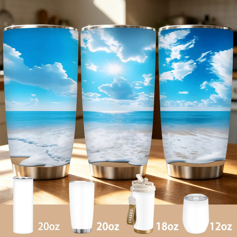 Sunny Beach Tumbler with Clear Sky & Refreshing Ocean View, 12/18/20oz Multi-Size Stainless Steel Insulated Cup, Tropical Beach Themed Travel Mug, Keeps Cold/Hot for Hours, Ideal Daily Use & Beach Lover Gift