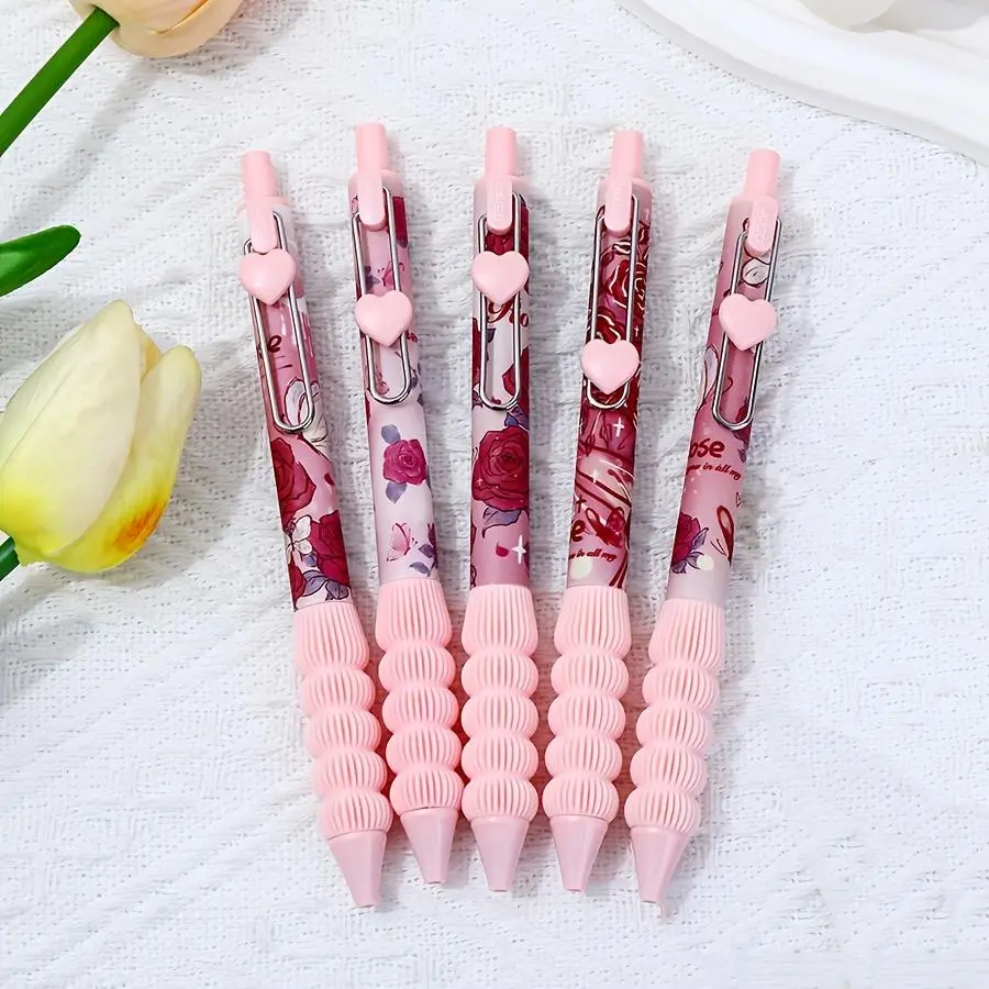 1 box of 5 pink heart click gel pen romantic red rose high value study office signature pen Valentine's Day gift College Student Pen Aesthetic Pens Cute Pen Office Writing Tool