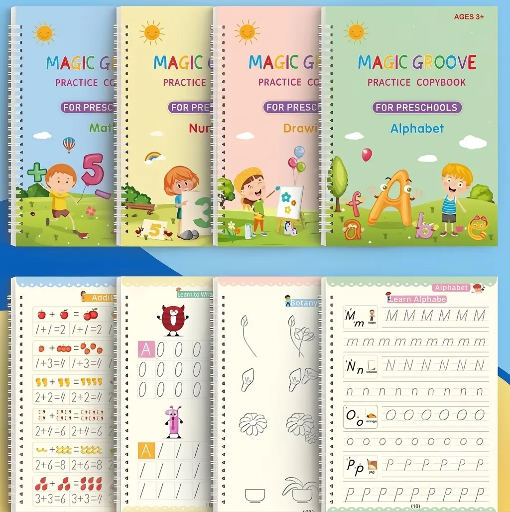 Magic Ink Handwriting Practice Books Set for Kids - 4 Reusable Grooved Letter Tracing Books with Cartoon Pen, Pen Holding Aid & 10 Refills Student Essentials
