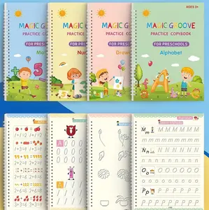 Magic Ink Handwriting Practice Books Set for Kids - 4 Reusable Grooved Letter Tracing Books with Cartoon Pen, Pen Holding Aid & 10 Refills Student Essentials
