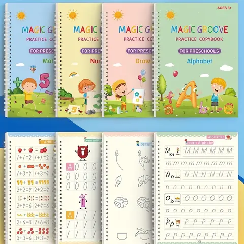 4-Pc Reusable Grooved Handwriting Practice Magic Copybooks with Disappearing Ink Pens, Pencil Grips, Reusable Design, 3D Notched Template for Toddler Gifts (Boys and Girls, Ages 3+) Preschool Learning Supplies