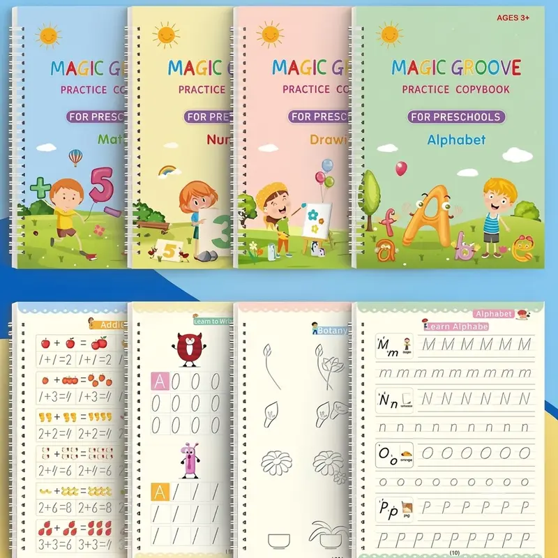 4-Pc Reusable Grooved Handwriting Practice Magic Copybooks with Disappearing Ink Pens, Pencil Grips, Reusable Design, 3D Notched Template for Toddler Gifts (Boys and Girls, Ages 3+) Preschool Learning Supplies