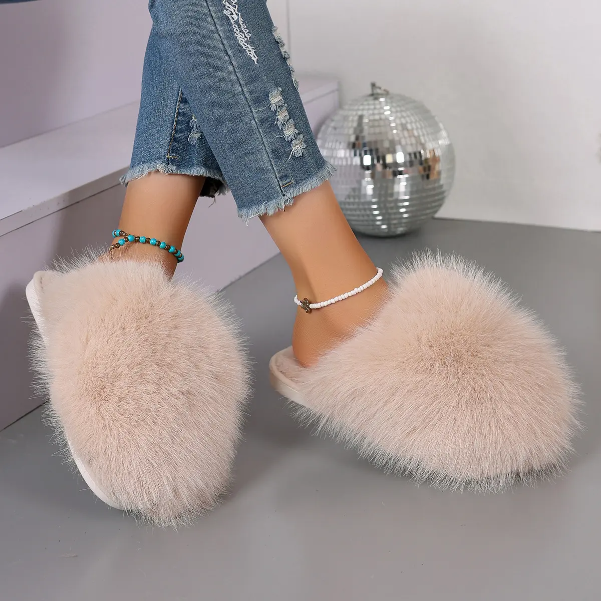 JointlyCreating Women's Cute Plain Color Fluffy Plush Slippers Fuzzy Warm Soft Comfortable Home Slippers for Indoor & Outdoor Use in Fall & Winter