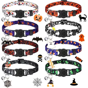 8 Pcs Halloween Cat Collar with Bell Cute Adjustable Kitten Halloween Collars with Pendant Pumpkin Ghost Breakaway Kitten Collar for Holiday Party Pet Dog Puppy Costume