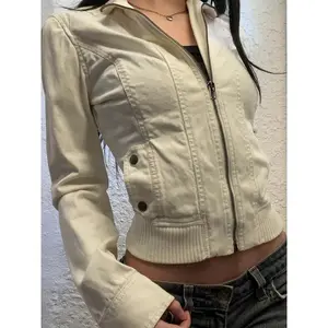 Vintage Cropped Jackets for Women Harajuku Casual Slim Fit Zipper Coat Y2K Streetwear Long Sleeve Outerwear Autumn
