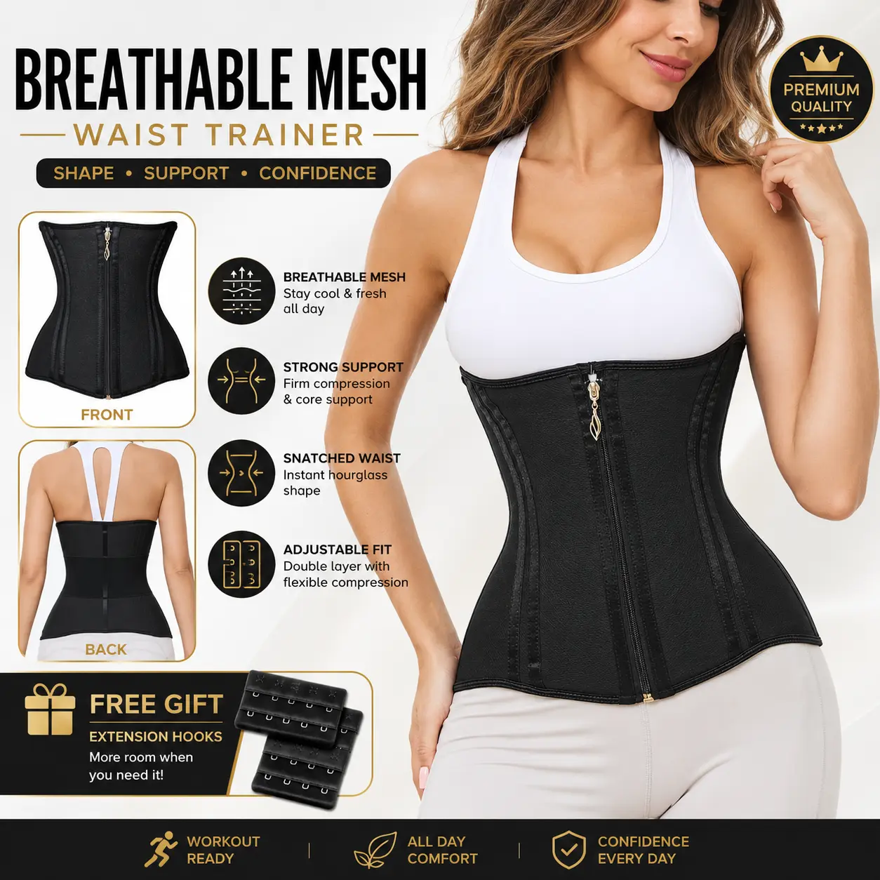 Women's Breathable Mesh Waist Trainer, Nylon Compression Cincher with Steel Boning, Adjustable Belt with Front Zipper & Buttons, Custom Fit