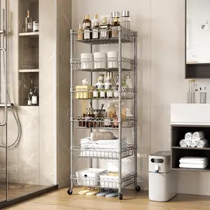 6 Tier Wire Shelving Unit with Wheels Baskets Storage Rack Corner Shelves Adjustable Shelf Closet Bathroom Organizers Metal Pantry Kitchen Garage Laundry Room 13.5" D x 13.5" W x 63" H Silver Water Proof