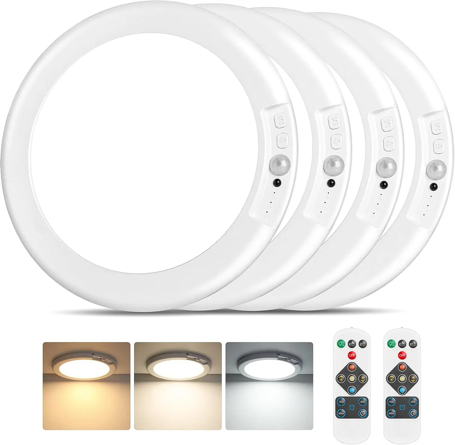 Rechargeable Magnetic LED Ceiling Lights (1/2/4 Packs), ABS Plastic Functional Lighting, 3 Color Modes, Motion Sensor with Remote, Wireless Battery-Operated for Bathroom, Closet