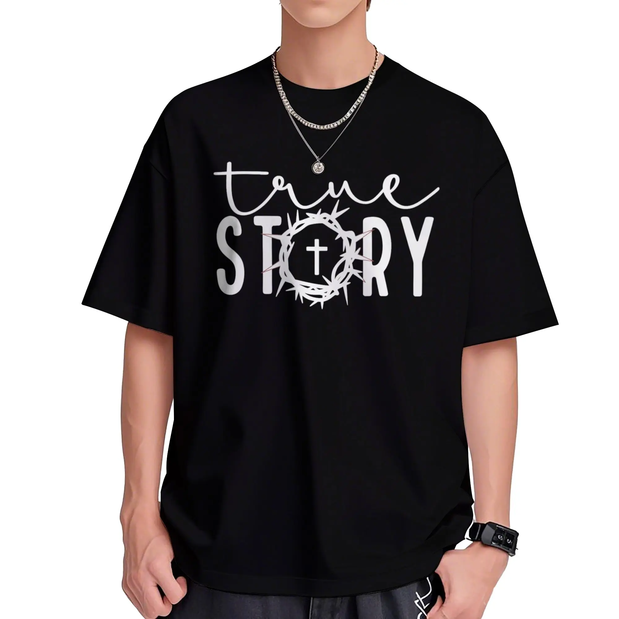 Women's Christian Cotton Tshirt - Short Sleeve, Round Neck/Crew Neck, Comfortable Casual Top with Jesus Cross, True Story of Jesus Design for Easter Day